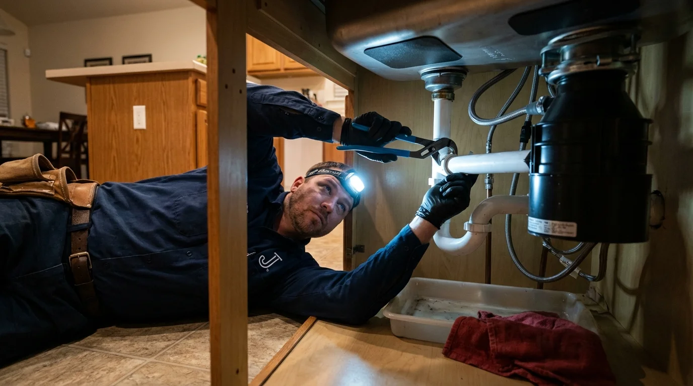 P-trap and supply line connections under a kitchen sink showing a common leak point in Delano, CA